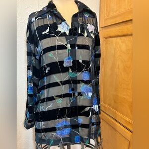 Holiday Party NYPL Collection Floral Velvet Burnout Sheer Blouse Size Small